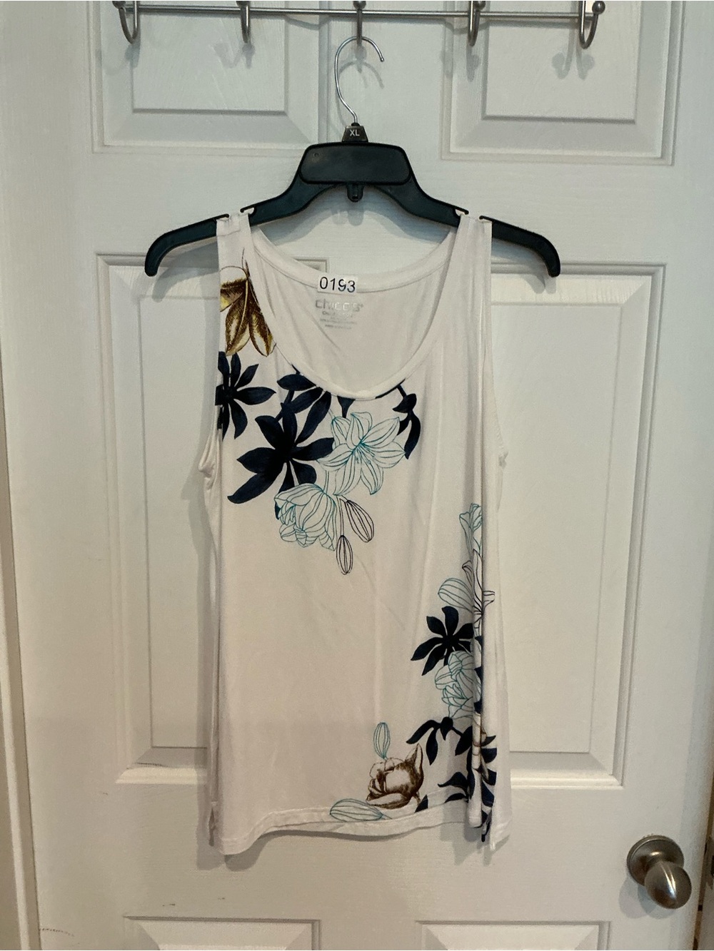 Chico's White Tank Top with Navy, Teal & Gold Floral Print